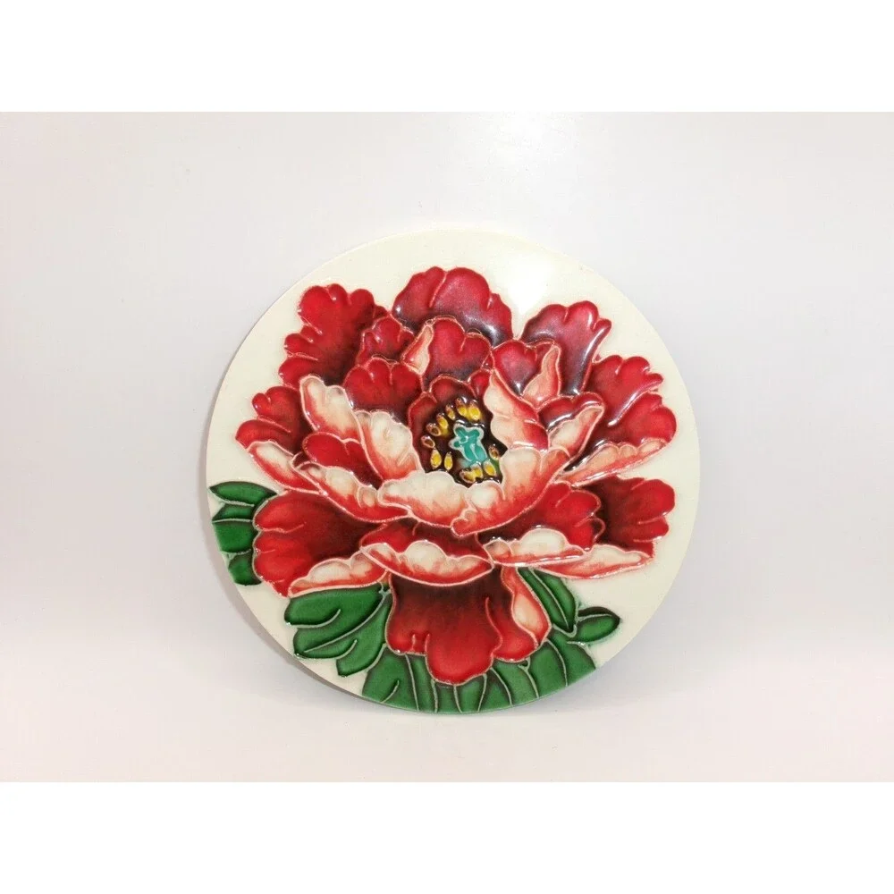 Christmas Poinsettia Trivet Hot Plate Wall Art? Ceramic Felt Back 6 inches